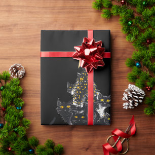 Black Cat Christmas Tree Design Sparkling Stars Wrapping Paper