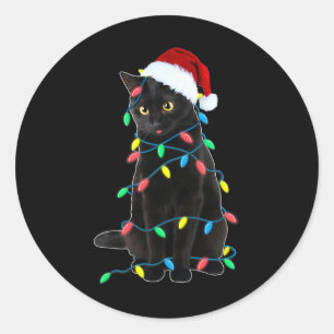 Black Cat Christmas Tree Lights Fun Santa Kitten L Classic Round Sticker