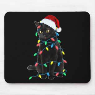 Black Cat Christmas Tree Lights Fun Santa Kitten L Mouse Pad