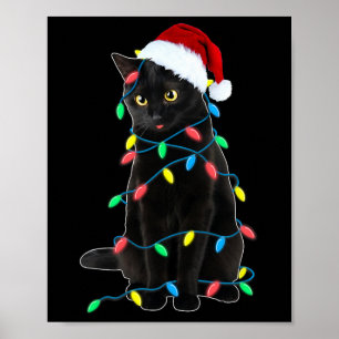 Black Cat Christmas Tree Lights Fun Santa Kitten L Poster