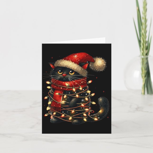 Black Cat Christmas Tree Lights Funny Meowy Xmas M Card (Front)