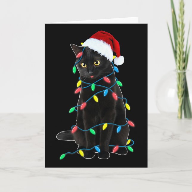 Black Cat Christmas Tree Lights Funny Santa Kitten Card (Front)