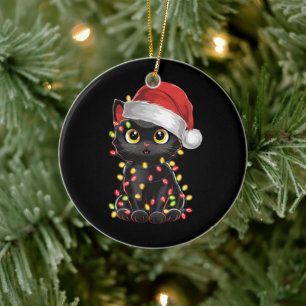 Black Cat Christmas Tree Lights Funny Santa Kitten Ceramic Ornament