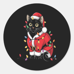 Black Cat Christmas Tree Lights Funny Santa Kitten Classic Round Sticker