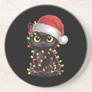 Black Cat Christmas Tree Lights Funny Santa Kitten Coaster