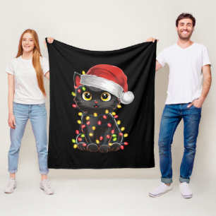 Black Cat Christmas Tree Lights Funny Santa Kitten Fleece Blanket