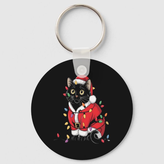 Black Cat Christmas Tree Lights Funny Santa Kitten Key Ring (Front)