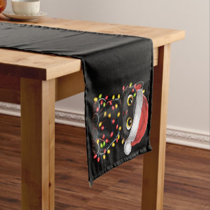 Black Cat Christmas Tree Lights Funny Santa Kitten Short Table Runner