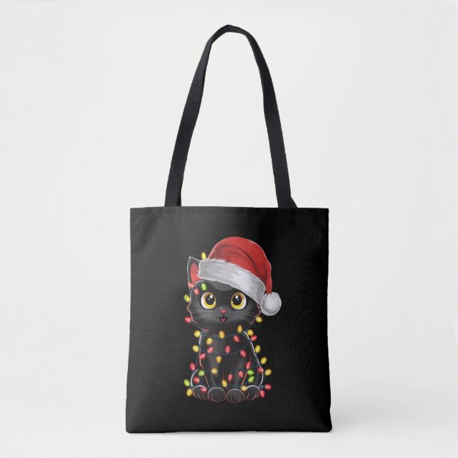 Black Cat Christmas Tree Lights Funny Santa Kitten Tote Bag (Front)