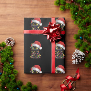 Black Cat Christmas Tree Lights Funny Santa Kitten Wrapping Paper