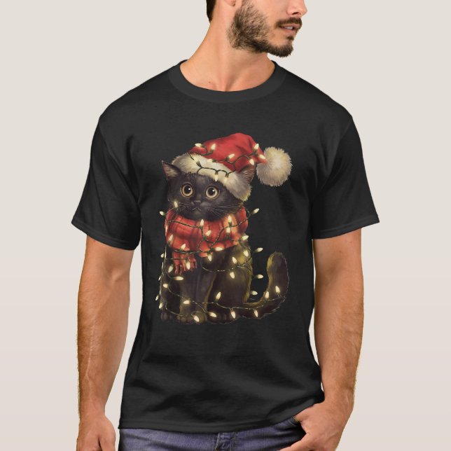 Black Cat Christmas Tree Lights Funny Xmas Men Wom T-Shirt (Front)