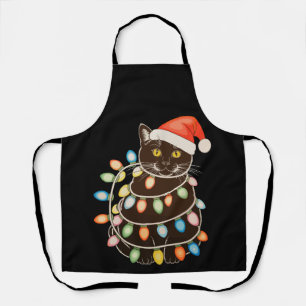 Black Cat Christmas Tree Lights Santa Hat Xmas Apron