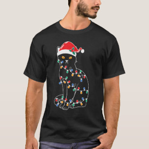Black Cat Christmas Tree Lights Santa Kitten Led T-Shirt