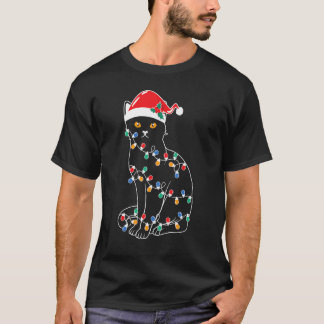 Black Cat Christmas Tree Lights Santa Kitten Led T-Shirt