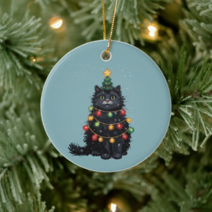 Black Cat Christmas Tree Oil Painting Altered Ceramic Ornament