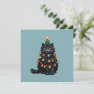 Black Cat Christmas Tree Oil Painting Altered  Holiday Card
