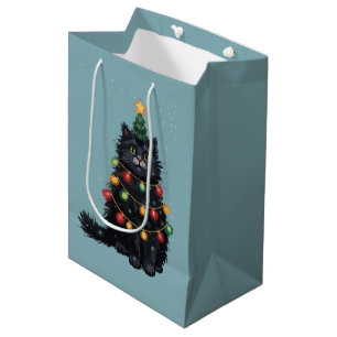 Black Cat Christmas Tree Oil Painting Altered  Medium Gift Bag