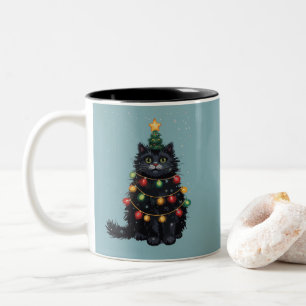 Black Cat Christmas Tree Oil Painting Altered Two-Tone Coffee Mug