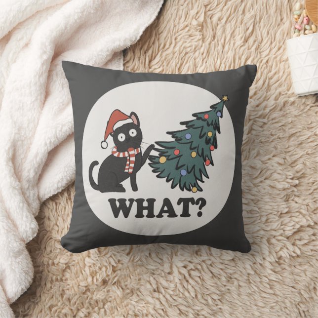 Black Cat Christmas Tree Santa Hat Funny What Cute Cushion (Blanket)