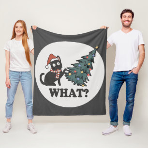 Black Cat Christmas Tree Santa Hat Funny What Cute Fleece Blanket