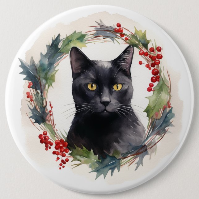 Black Cat Christmas Wreath Festive Kitten 6 Cm Round Badge (Front)