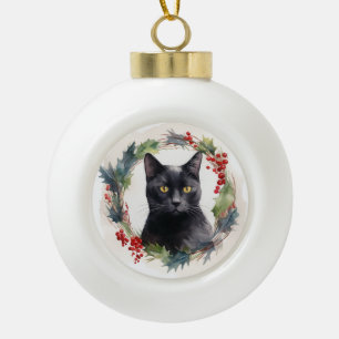 Black Cat Christmas Wreath Festive Kitten Ceramic Ball Christmas Ornament