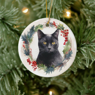 Black Cat Christmas Wreath Festive Kitten Ceramic Ornament