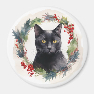 Black Cat Christmas Wreath Festive Kitten Magnet
