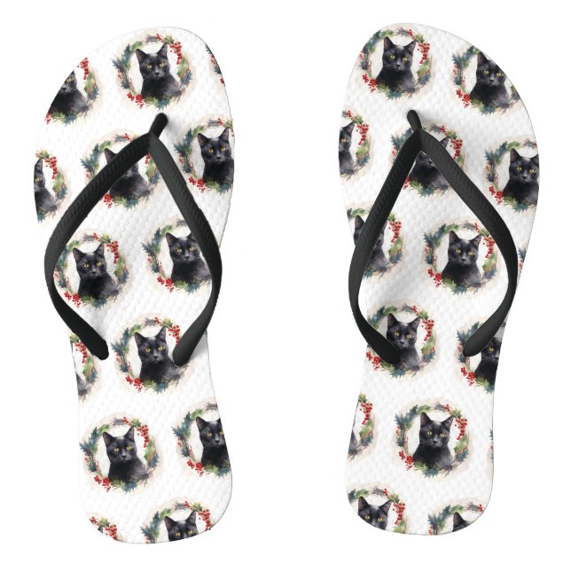 Black Cat Christmas Wreath Festive Kitten Thongs (Footbed)