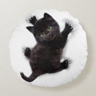 Black Cat Climbing On Human Back Round Cushion