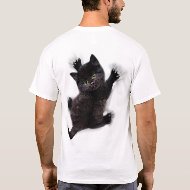 Black Cat Climbing On Human Back T-Shirt (Back)