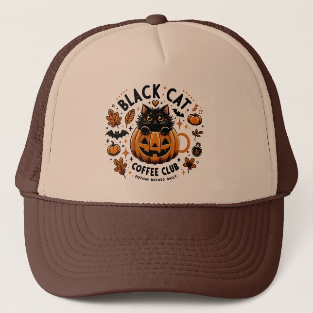Black Cat Coffee Club Halloween Trucker Hat  (Front)