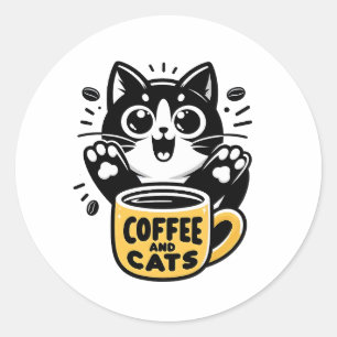 Black Cat Coffee Illustration Classic Round Sticker