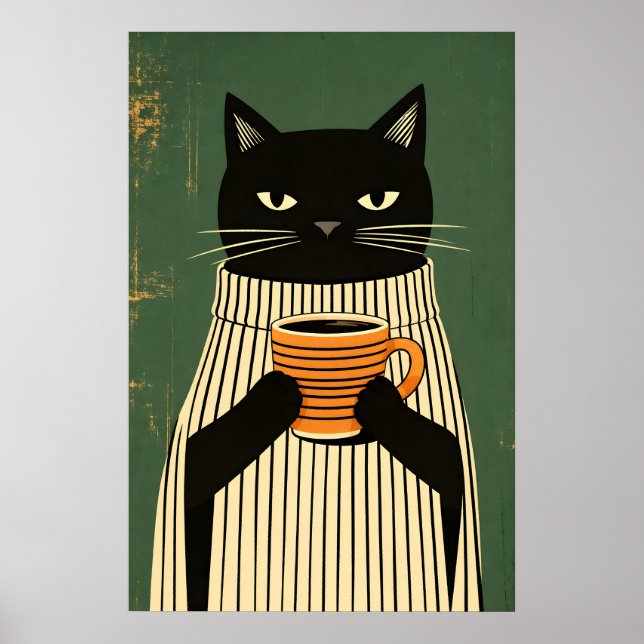 Black Cat Coffee Poster, Minimalist Cat Wall Art (Front)