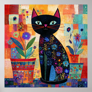 Black Cat Colorful and Whimsical Artwork, Poster