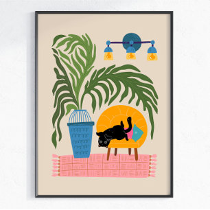 Black Cat Colourful Wall Art Cute Cat Poster Moder