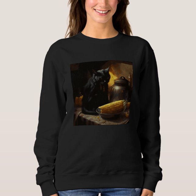Black Cat Cooking Corn On The Cob Sweatshirt (Front)