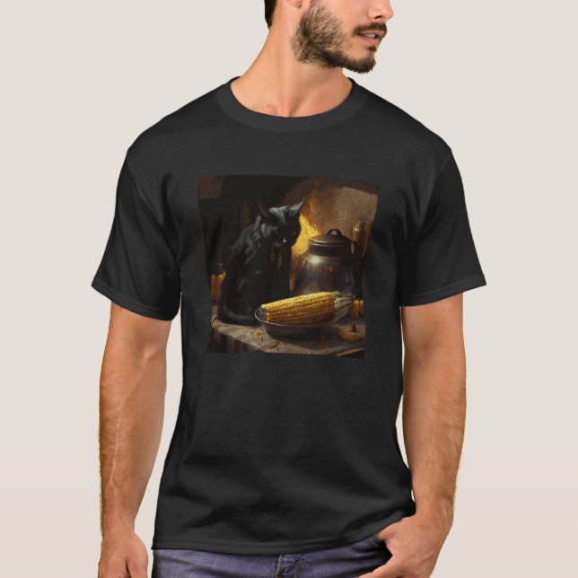 Black Cat Cooking Corn On The Cob T-Shirt (Front)