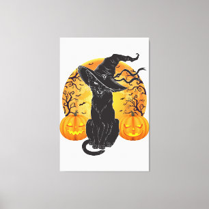 Black Cat Costume Scary Halloween Witch Hat _Moon Canvas Print