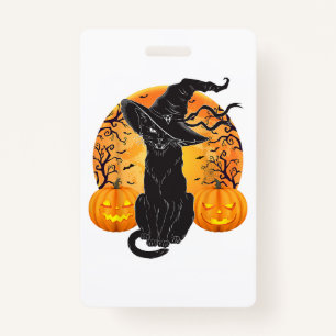 Black Cat Costume Scary Halloween Witch Hat _Moon  ID Badge
