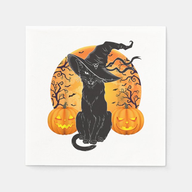 Black Cat Costume Scary Halloween Witch Hat _Moon  Napkin (Front)
