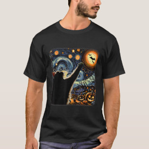 Black Cat Costume Van Gogh Starry Night Funny Cat  T-Shirt