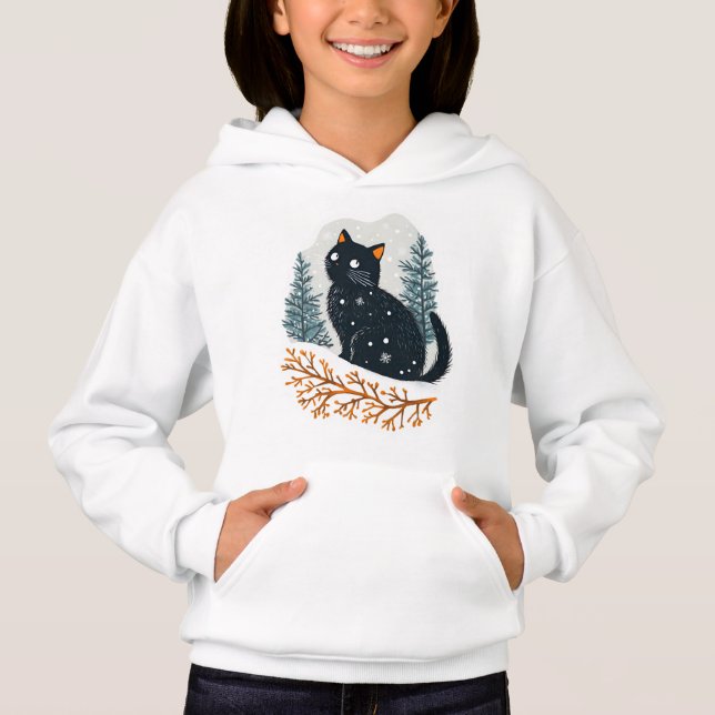 Black cat cosy winter snow (Front)