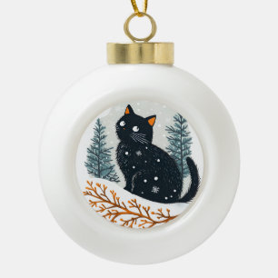 Black cat cosy winter snow ceramic ball christmas ornament