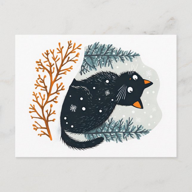 Black cat cosy winter snow holiday postcard (Front)