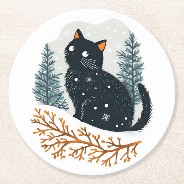 Black cat cosy winter snow round paper coaster (Front)
