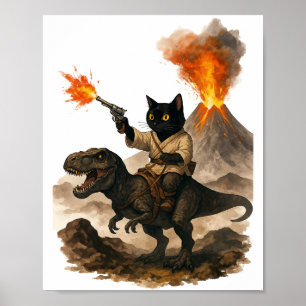 Black Cat Cowboy Riding Dinosaur – Watercolor Ink  Poster