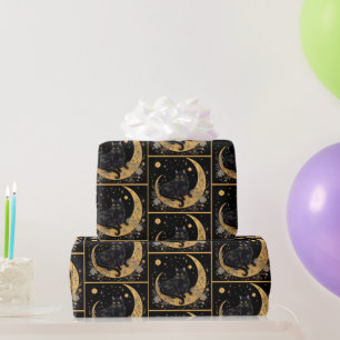 Black Cat Crescent Moon Floral Gold Halloween Wrapping Paper