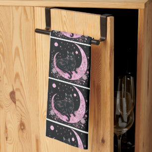 Black Cat Crescent Moon Floral White Halloween Tea Towel