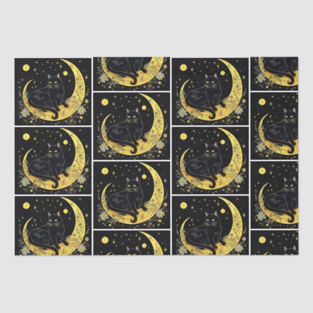 Black Cat Crescent Moon Floral White Halloween Tissue Paper (Front)